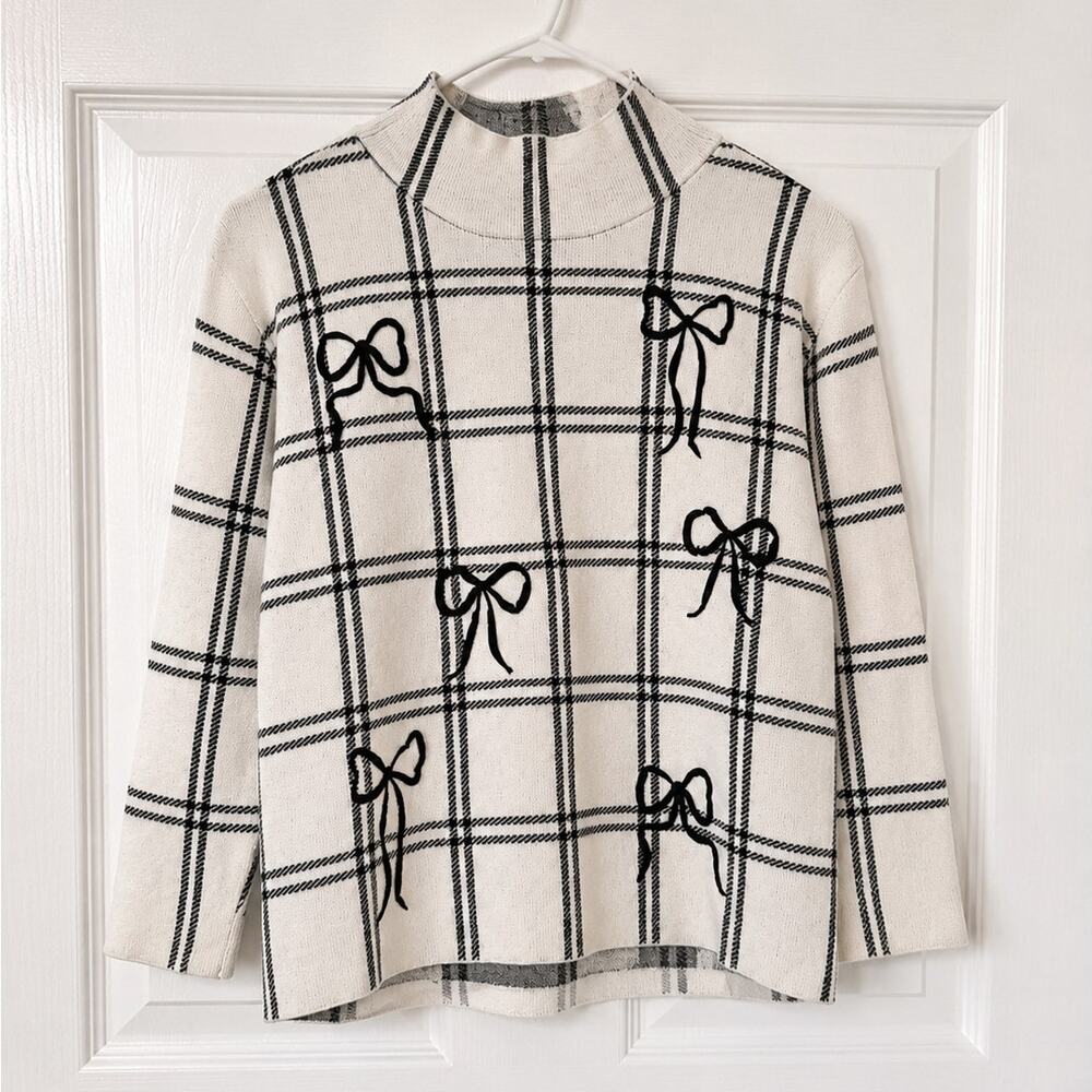 Anthropologie Maeve The Carys Plaid Mock Neck Sweater Bow Detail Size Large